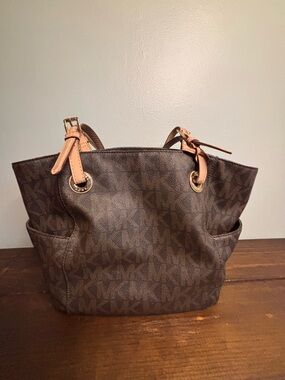 Michael Kors Vintage Brown MK Logo Signature Tote with Tan Straps Quiet Luxury